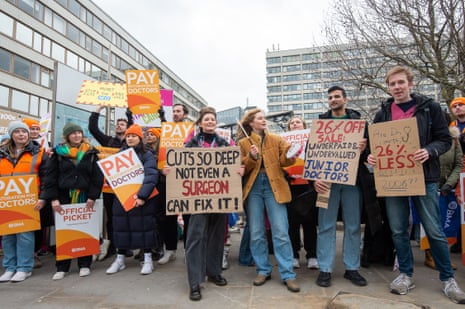 Junior doctors on strike outside St Thomas’ hospital in Westminster, London, today.