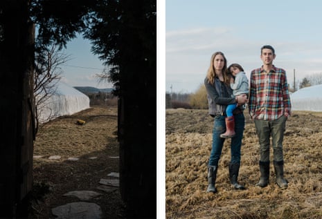 A farm and greenhouse seen through shed doors; Right: A man stands in a field next to his wife who is holding their young child.