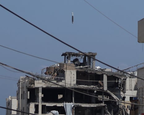 A missile lands during an Israeli strike on a residential building in Gaza City on 21 July 2025.
