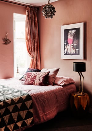 Out of Africa: dusky pink walls and velvet curtains in the bedroom are inspired by a Moroccan riad.