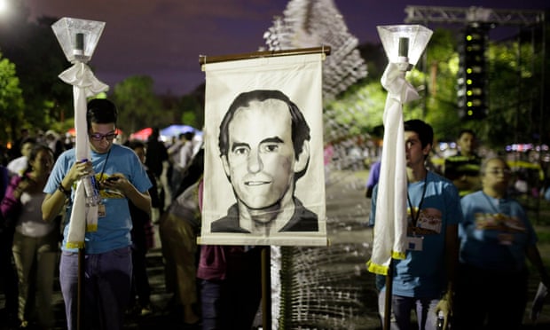 The attack in 1989 targeted Fr Ignacio Ellacuría (pictured on banner) in an attempt to derail peace talks.