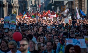 Thousands of demonstrators march down Leipziger Straße in Berlin