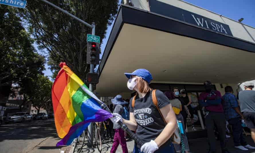 Protesters support transgender rights outside Wi Spa in Los Angeles.