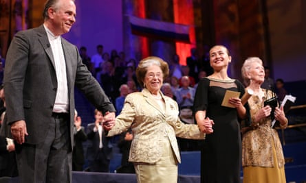 Dame Fanny Waterman, second from left, on stage with the winner of the 2015 Leeds International Piano Competition, Anna Tcybuleva, Dame Janet Baker and the conductor Sir Mark Elder.
