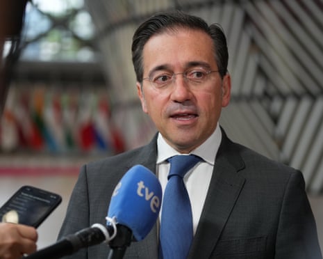 Spanish Foreign Minister José Manuel Albares speaks to the press during the European Foreign Affairs Council in Brussels, Belgium.