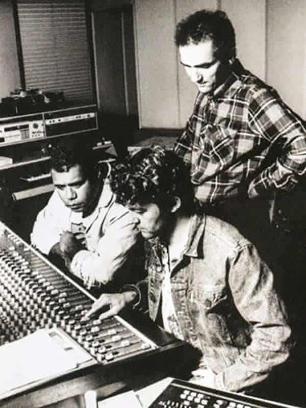 Archie Roach, Steve Donnelly and Paul Kelly in the studio recording Charcoal Lane.