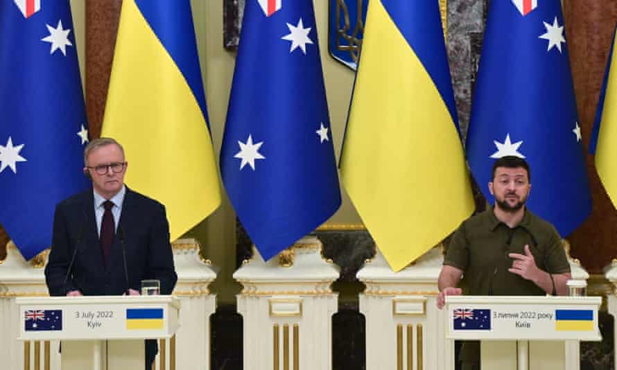Prime minister Anthony Albanese and president Volodymyr Zelenskiy give a press conference in Kyiv today.