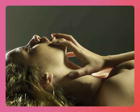 A woman lying down tilts her head back, touching her face with her fingers