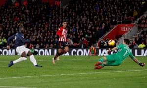 Romelu Lukaku smashes the ball past McCarthy.