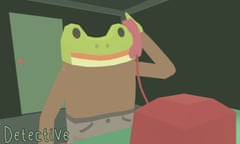 Frog Detective standing in an office while on the phone to the supervisor.