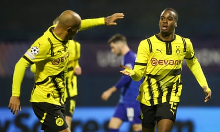 Jamie Gittens (right) celebrates after scoring Dortmund’s opener against Dinamo Zagreb.