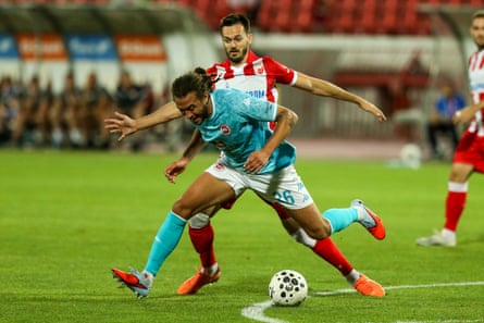 Dan Bent playing for Larne at Red Star Belgrade in the Champions League qualifiers