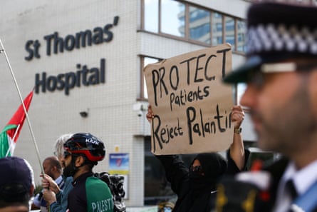 A protest against Palantir’s role in the National Health Service at St Thomas’ hospital in London.