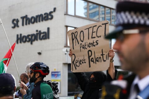 A protest against Palantir’s role in the National Health Service at St Thomas’ hospital in London.