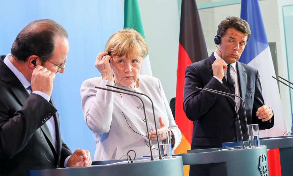 Angela Merkel, François Hollande and Matteo Renzi address the media in Berlin, Germany.