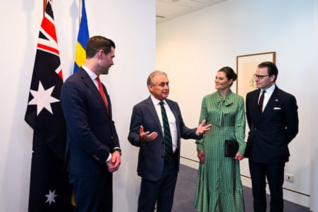 Swedish foreign trade minister Johan Forssell, Australian trade minister Don Farrell, Crown Princess Victoria and Prince Daniel of Sweden at Parliament House in Canberra