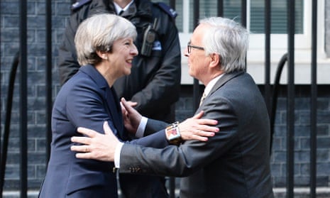 Brexit<br>File photo dated 26/04/17 of Prime Minister Theresa May greeting European Commission President Jean-Claude Juncker, as Home Secretary Amber Rudd dismissed a leak of Brexit talks as “tittle-tattle” amid further reports of concerns in Brussels. PRESS ASSOCIATION Photo. Issue date: Tuesday May 2, 2017. Ms Rudd also said it was a mistake that details of a dinner at Downing Street last week had appeared in the press, with the Government saying it would not enter into a briefing war with the European Union. See PA story POLITICS Brexit. Photo credit should read: John Stillwell/PA Wire