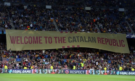 Barcelona fans unveil a banner at their Champions League match against Juventus.