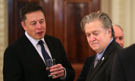 Elon Musk with Trump strategist Steve Bannon at a White House industry forum.