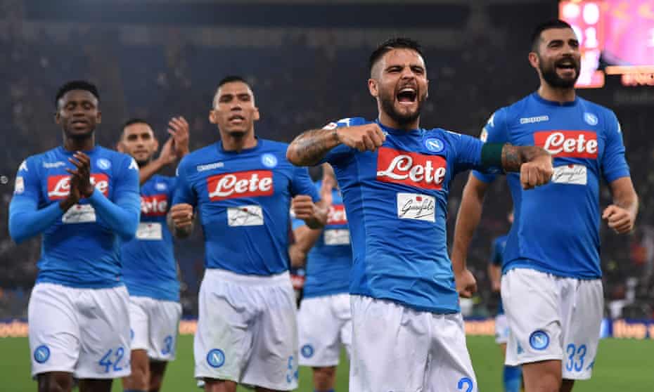 Lorenzo Insigne leads Napoli’s celebrations in the win over Roma.
