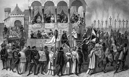 Victims are burned at the stake during the auto-da-fé, the ritual of public penance of condemned heretics and apostates during the Spanish Inquisition.
