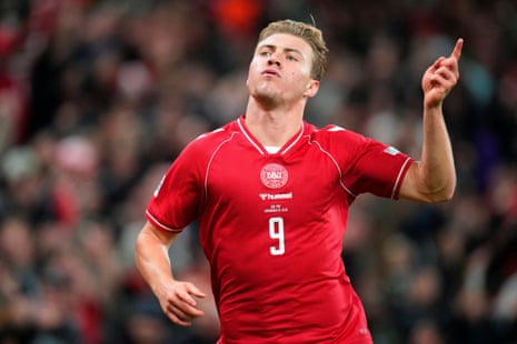 Denmark's Rasmus Hojlund celebrates scoring their second goal.