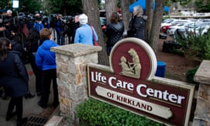 Family members of residents at the Life Care Center home, in Kirkland, Washington, where some patients have died from Covid-19, at a press conference on 5 March.