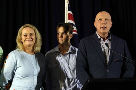 Peter Dutton speaks on election night with wife Kirilly and son by his side