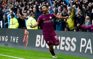 Aguero celebrates after scoring. Aguero headed home a Kevin de Bruyne free-kick before tapping in from close range four minutes later, the sealing his hat-trick with a solo run into the box.