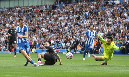 Brajan Gruda puts Brighton 2-1 ahead at Manchester City at the Amex in August.