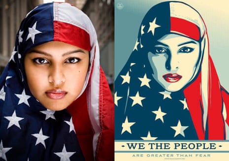 Ridwan Adhami’s I Am America photo next to Shepard Fairey’s We The People for the Amplifier Foundation.