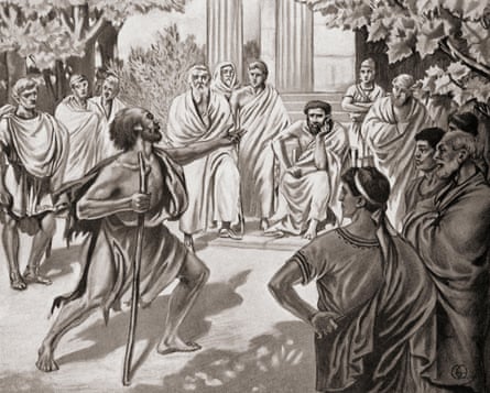 Drawing of ancient greek philosopher in robes holding his hand out to others in a challenging way