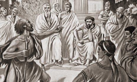 Diogenes challenging Plato in the Academy at Athens. 