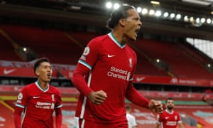 Virgil van Dijk of Liverpool celebrates scoring their second goal.