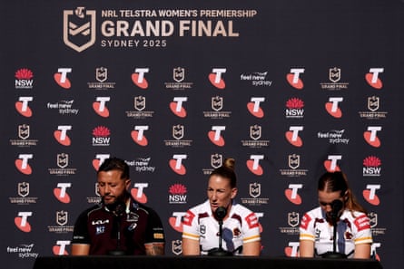 Broncos coach Scott Prince, Ali Brigginshaw and Tamika Upton speak to the media before the grand final.