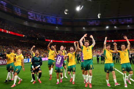 The Socceroos celebrate after winning their match against Turkey.
