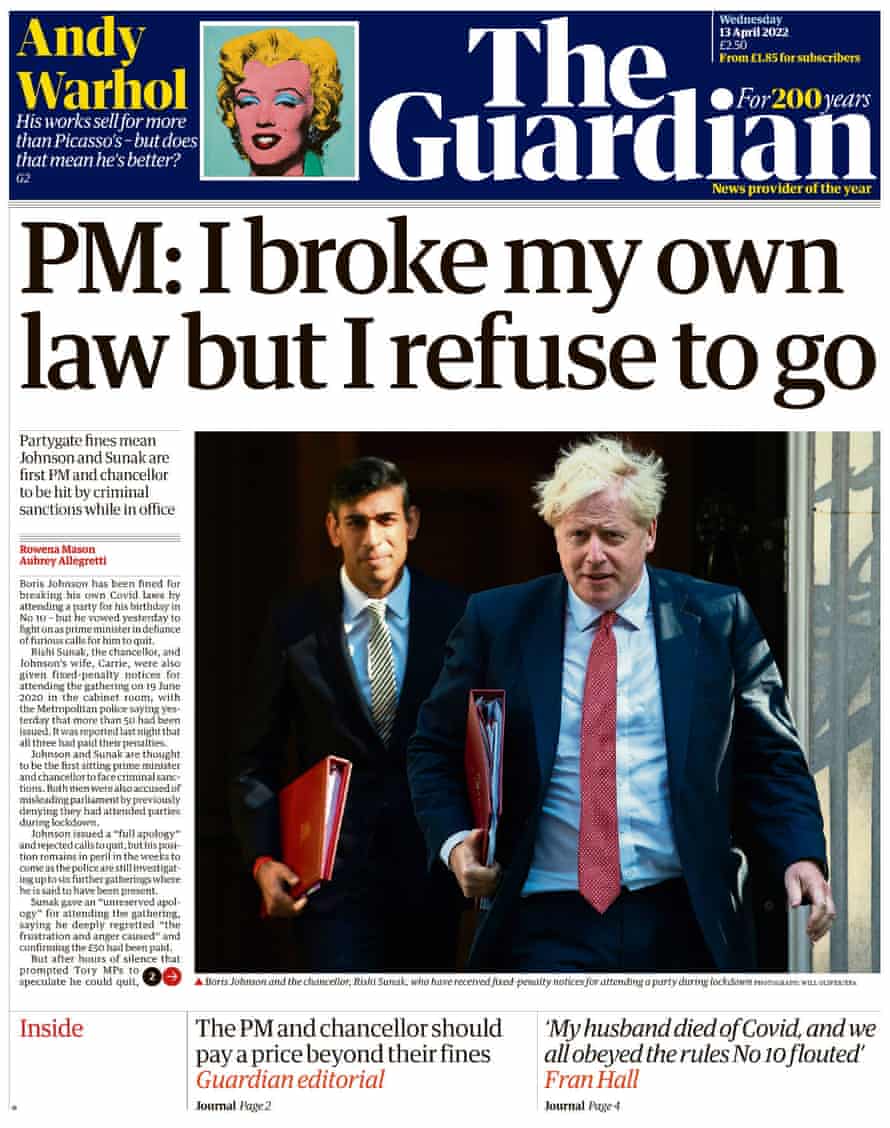 Guardian front page, 13 April 2022