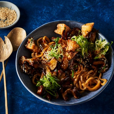 The eggplant and tofu sponge up the sticky teriyaki sauce.