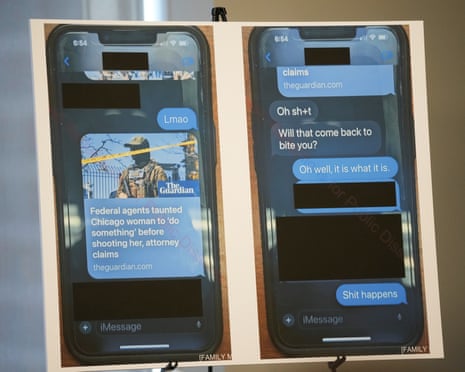 Images of text messages are displayed during a press conference with Marimar Martinez, a woman who was shot by a border patrol agent last year.