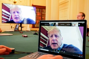 Boris Johnson chairing the morning Covid-19 meeting on 27 March after self isolating after testing positive for coronavirus.