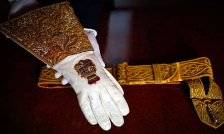 The coronation gauntlet glove and sword belt.