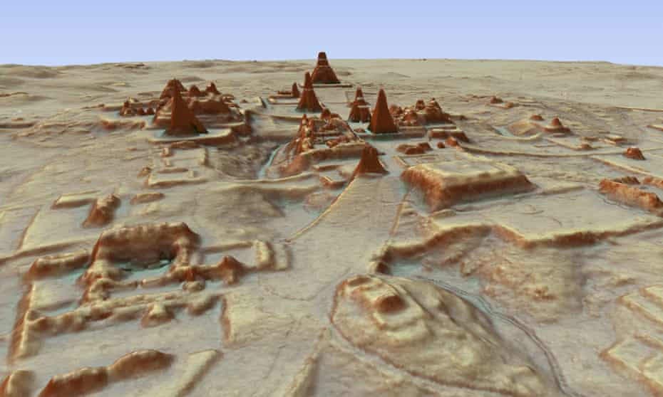 This digital 3D image provided by Guatemala’s Mayan Heritage and Nature Foundation shows a depiction of the Mayan archaeological site at Tikal in Guatemala created using LiDAR aerial mapping technology.