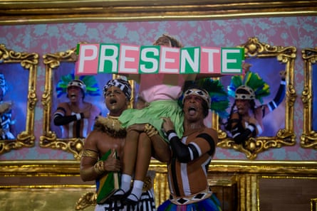 A girl represents slain Rio de Janiero’s councilor and activist Marielle Franco as she performs with the Mangueira samba school during the second night of Rio’s Carnival parade at the Sambadrome.