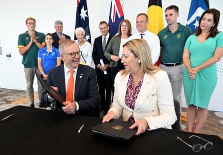 Australian prime minister Anthony Albanese and Queensland premier Annastacia Palaszczuk announce a $7bn funding deal to build venues for the Brisbane Games