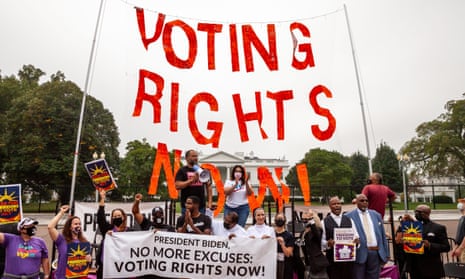 Ben Jealous, president of People for the American Way (top left), and Virginia Kase Solomon, CEO of the League of Women Voters (top right), lead a rally demanding that the Biden administration take the lead on voting rights.