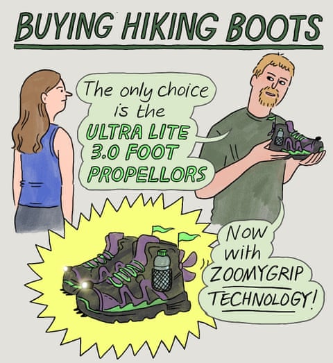 Edith Pritchett cartoon on buying hiking boots, panel 1