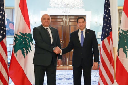 The Lebanese president, Joseph Aoun, shakes the hand of the US secretary of state, Marco Rubio, in Washington DC.