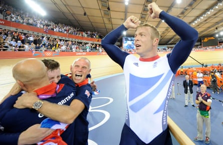 Chris Hoy punches the air after winning the men's team sprint final at the 2012 Olympics.