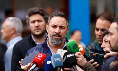 Santiago Abascal, leader of the Vox party, addresses the media after casting his vote during the local and regional election in Madrid on 28 May 2023