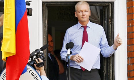 Wikileaks founder Julian Assange giving a thumbs up in 2012 on the balcony of the Ecuador embassy where he has sought political asylum in London. 